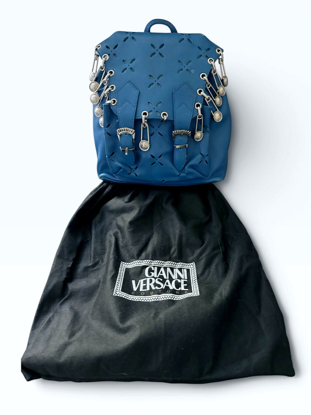 VERSACE Gianni Versace VINTAGE 90s Safety Pin Blue Leather Backpack